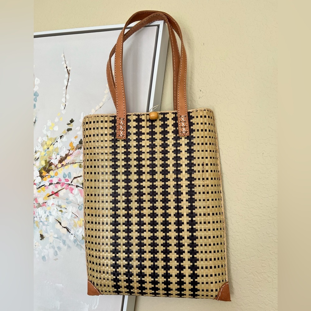 Woven Black and Natural Tote Bag with Brown Leather Straps